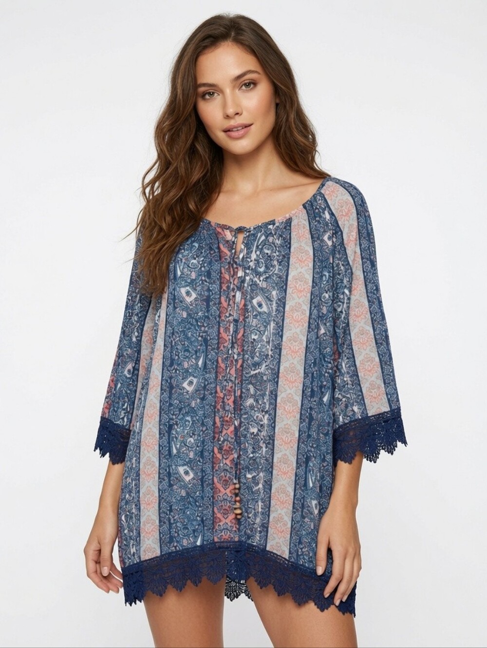 French Laundry Blue and Pink Paisley Tunic Style  Top - 1X